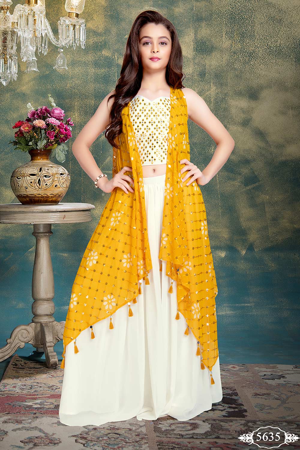 Pale yellow Sharara set with vibrant