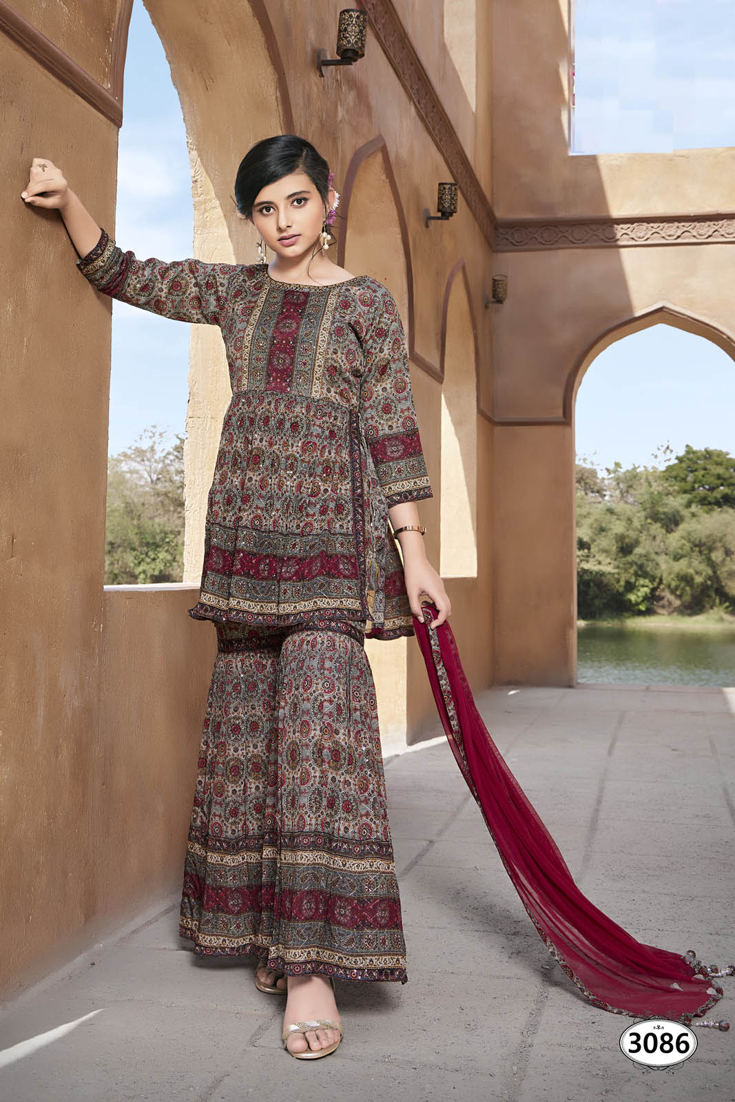 Printed Grey Silk Sharara suit.