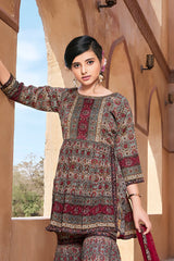 Printed Grey Silk Sharara suit.