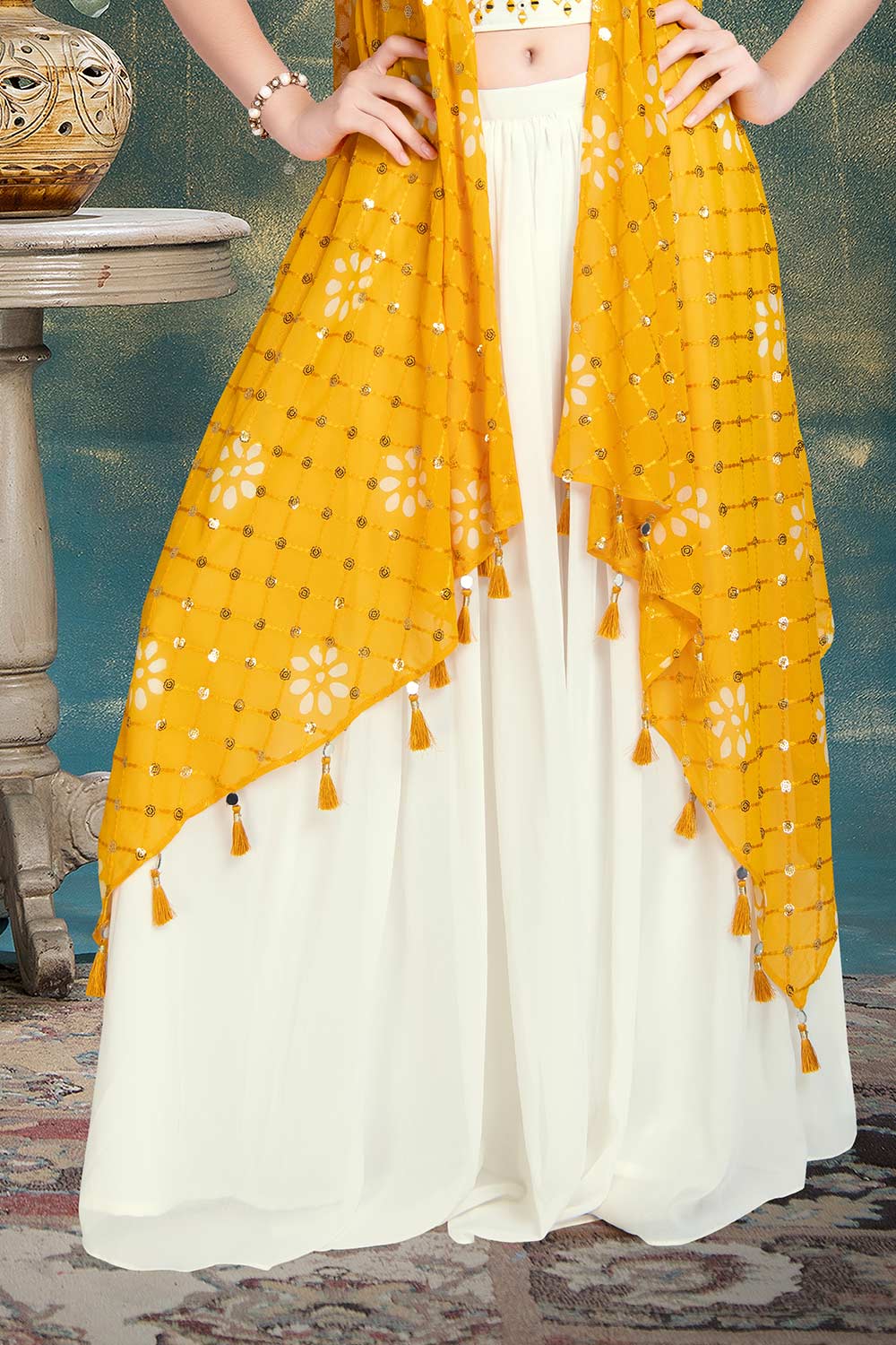 Neon yellow organza silk top with sharara and dupatta - set of three by  Chokhi Bandhani | The Secret Label