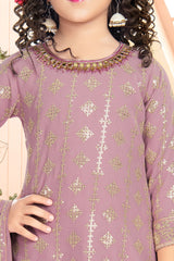 Pale pink color golden embroidered ethnic wear Sharara suit for girls.