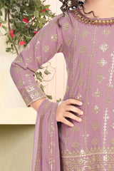 Pale pink color golden embroidered ethnic wear Sharara suit for girls.