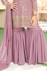 Pale pink color golden embroidered ethnic wear Sharara suit for girls.